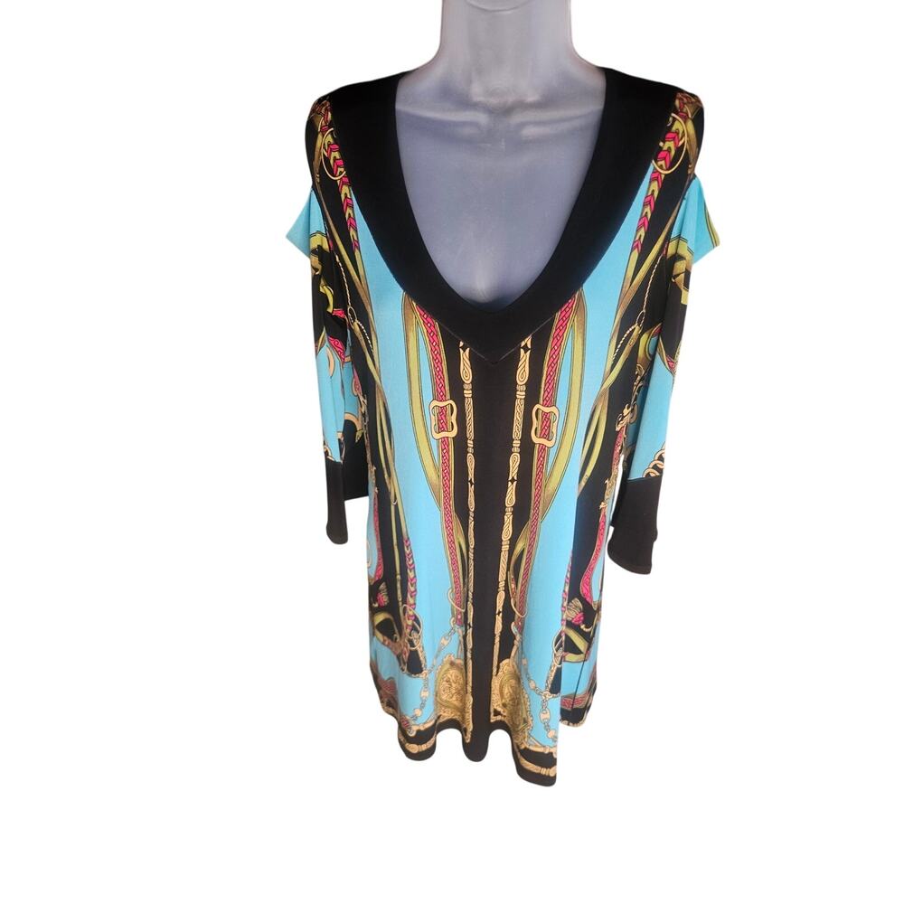 Eva Varro Multi Color Dress Tunic Sz M "Versace Style" Cut Out Shoulders Vneck - Picture 7 of 8